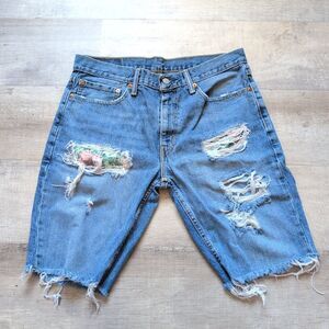 Levis 511 Jeans Shorts Mens 34 Blue Floral Cut-off Distressed Denim 90s Grunge
